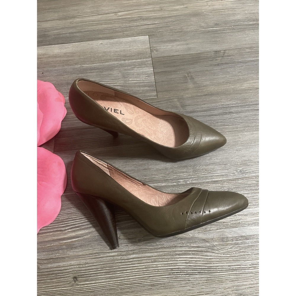 BIVIEL Women's Leather Pumps Shoes Size 38‎ US 7.5 Olive Green Pleated Career
